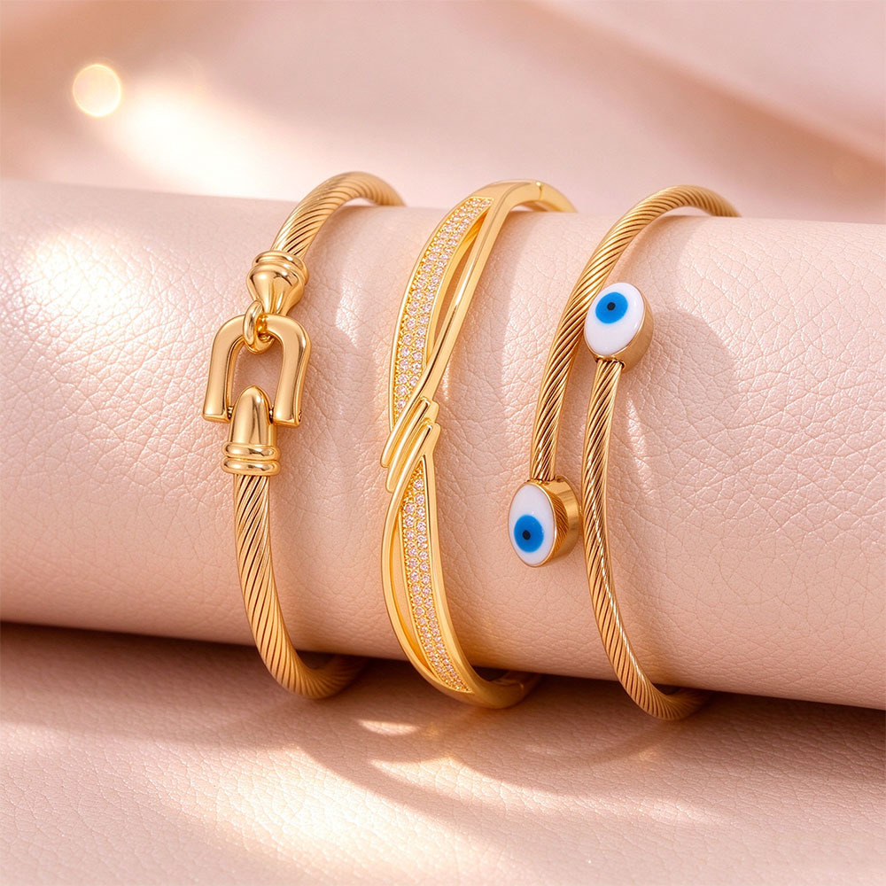 3pcs Unisex 18K Golden Plated Exquisite Bangle Set, Business Wear